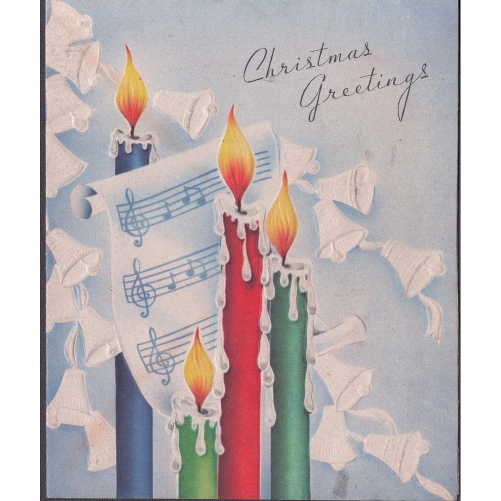 Vintage 1944 Christmas Greeting Card Candles Sheet Music Bells Signed